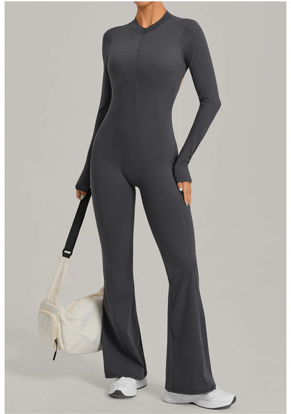 Women Long Sleeve Zip Yoga Bodysuit Cutout Back Scrunch Butt Lift Tummy Control Sweat Wicking Fabric Gym Workout Flare Jumpsuit