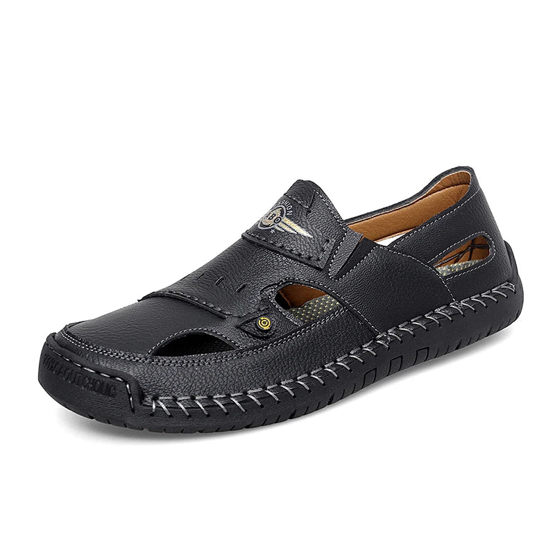 Mens Walking Shoes Summer Breathable Leather Hand Sewn Minimalist Baotou Flat Shoes Soft Elastic Daily Casual Male Sandalia