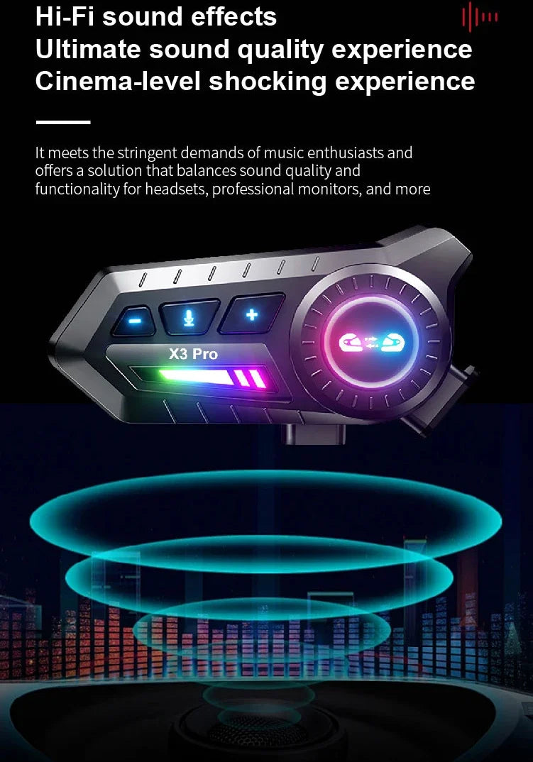 X3 Pro Motorcycle Helmet Bluetooth Headset 2-Riders Intercom 1000M BT6.0 IPX6 Waterproof Voice Assistant NoiseReduction FM Radio
