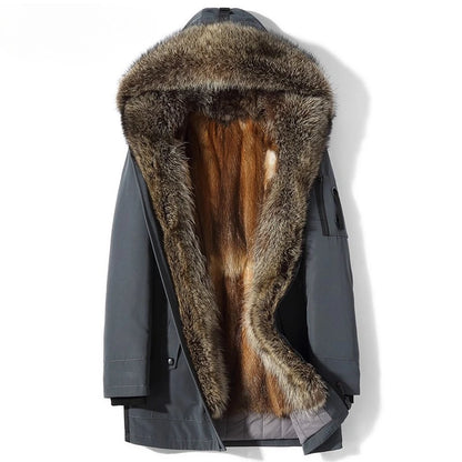 AYUNSUE Fashion Warm Men's Natural Fur Parkas Winter Detachable Mink Fur Liner Jacket for Man Hooded Raccoon Collar Fur Coat