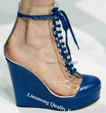 Linamong Transparent PVC Patchwork Black Matte Leather Wedge Short Boots Sexy Round Toe Lace-up High Platform Wedge Ankle Boots