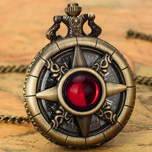 Bronze Vintage Compass Star Pocket Watch Red Gem Hollow Roman Numerals Quartz With Chain Steampunk Retro Men Pendant Watch