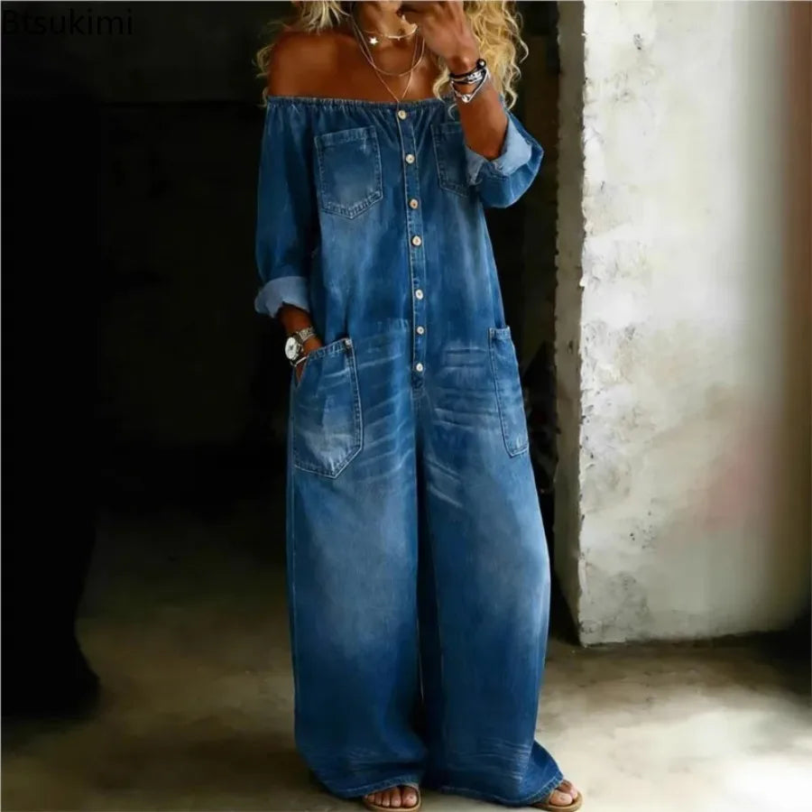 2026 Fashion Retro Imitation Denim Jumpsuit for Women Summer New Single-Breasted Off-shoulder Long Loose Rompers Overalls Pants