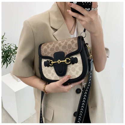 Women Retro Print Saddle Crossbody Bag Luxury Horse Bit Buckle Small Shoulder Bag Fashion PU Leather Ladies Daily Handbag