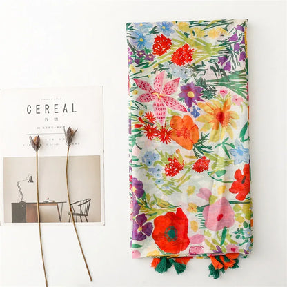 Tropical Plant Print Scarf, Elegant Style Thin Breathable Shawl with Tassels, Summer Sunscreen Windproof Beach Towel for Women