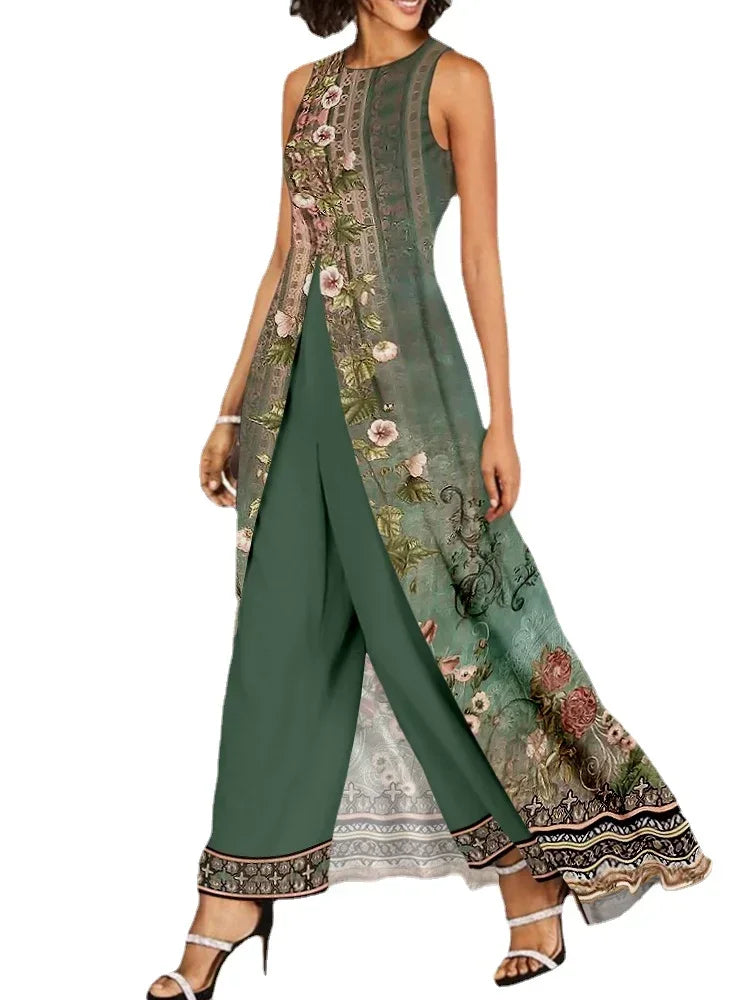 Autumn Women Floral Tribal Print Patchwork Wide Leg Jumpsuit Party New Fashion O-Neck Overalls Lady Asymmetrical Jumpsuits Robe