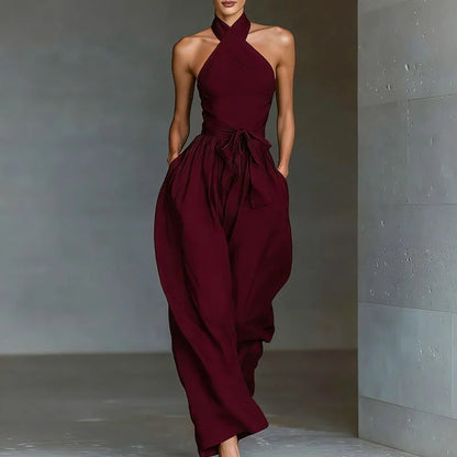 Chic Sexy Ciss Cross Halter Backless Jumpsuit Woman Spring Elegant Solid Tie Waist Romper Summer Hollow Wide Leg Pocket Overalls