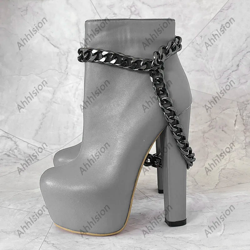 Ahhlsion New Women Winter Ankle Boots Platform Chunky Heels Chain Round Toe Pretty Blue Party Shoes Ladies US Plus Size 5-20