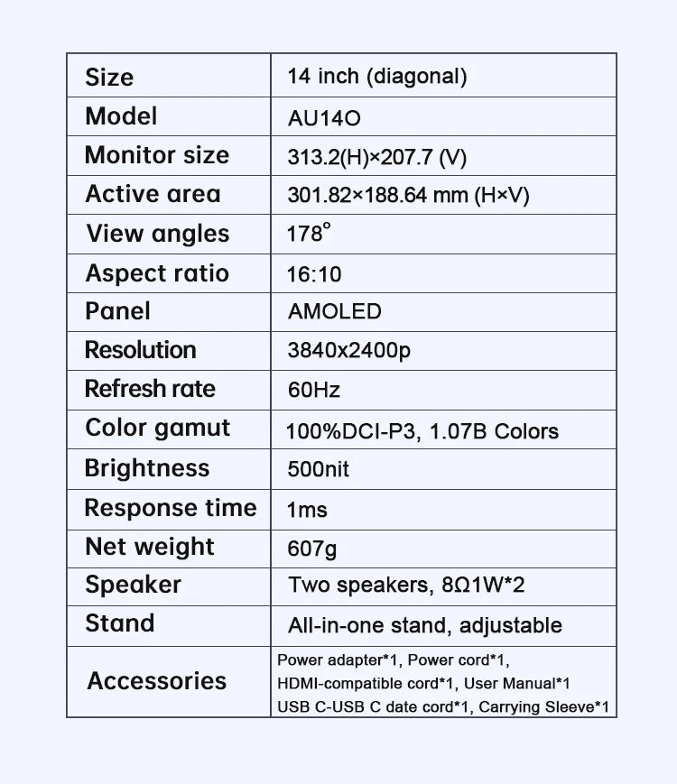 Damrapt 14'' UHD Portable Oled Monitor 4K 16:10 500nits Metal Frame with Stand for Laptop PC Smart Phone Xbox Gaming Display