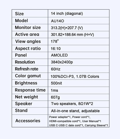 Damrapt 14'' UHD Portable Oled Monitor 4K 16:10 500nits Metal Frame with Stand for Laptop PC Smart Phone Xbox Gaming Display