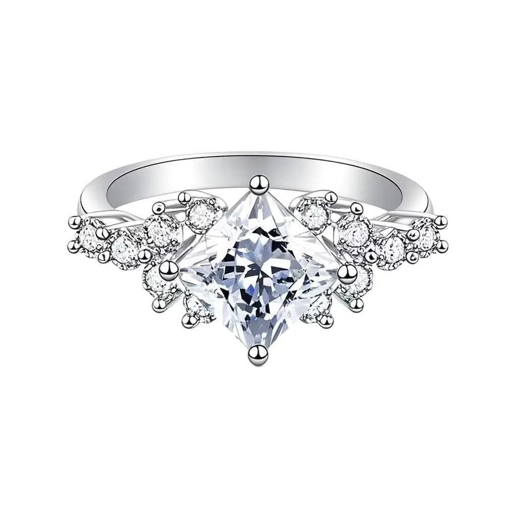 Princess-Cut 4-Prong Ring Women's PT950 Platinum 2Ct Moissanite - Square elegant, 4-prong holds stone, platinum shows graceful