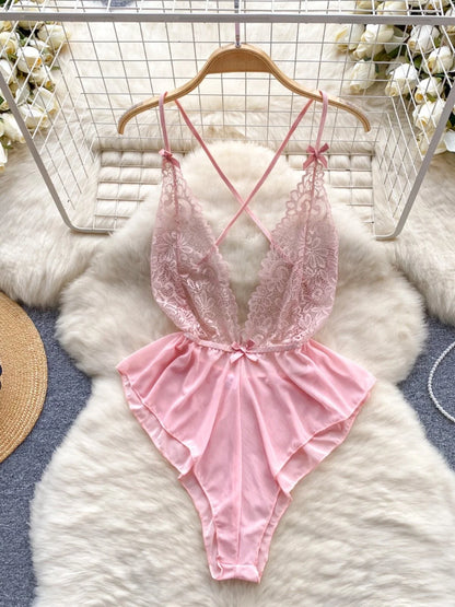 Women Floral Lace Mesh Strappy Bodysuit Fashion Hollow Sexy Comfortable Catsuit One Piece Tights Transparent Onesie