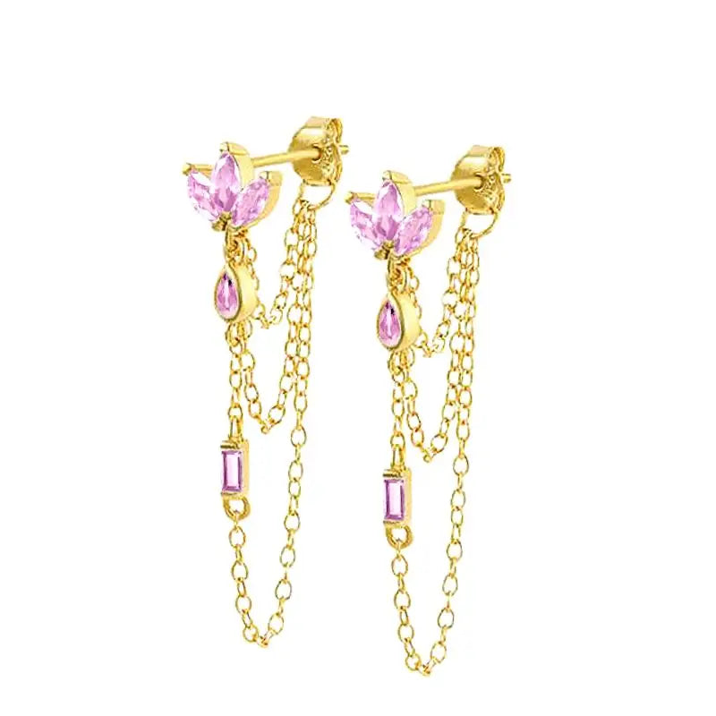 925 Sterling Silver Needle Long Chain Stud Earrings For Women Exquisite Zircon Geometric Tassel Pendant Earrings Luxury Jewelry