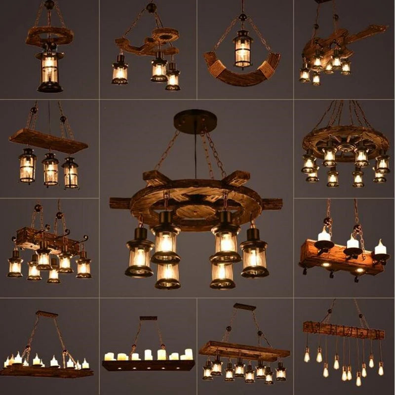 Retro Wood E27 LED Ceiling Lamp Antique Industrial Chandelier Lighting LOFT Bar luminaire Vintage Pendant Lights lustre