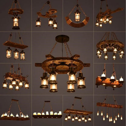 Retro Wood E27 LED Ceiling Lamp Antique Industrial Chandelier Lighting LOFT Bar luminaire Vintage Pendant Lights lustre