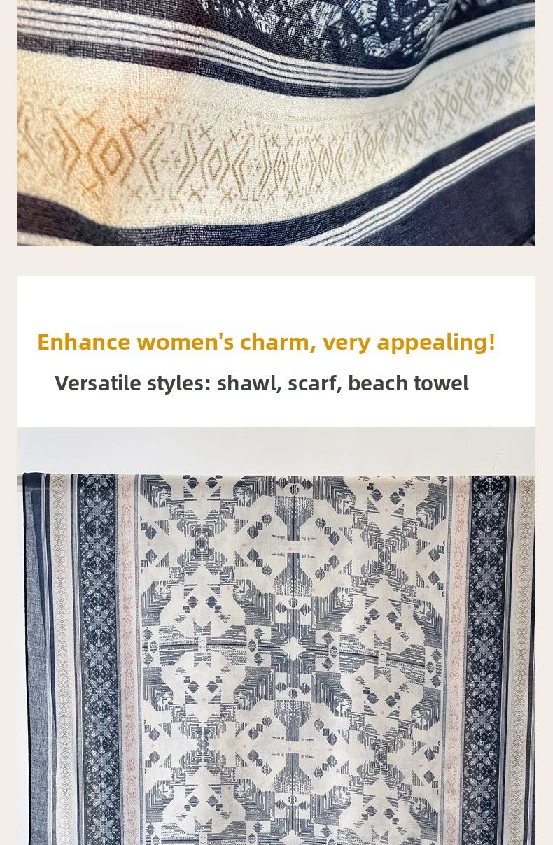 Sun Protection Silk Scarf Women's Retro Ethnic Style Cotton Linen Beach Holiday Wrap Shawl Outerwear Geometric Print Korean S...