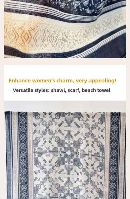 Sun Protection Silk Scarf Women's Retro Ethnic Style Cotton Linen Beach Holiday Wrap Shawl Outerwear Geometric Print Korean S...