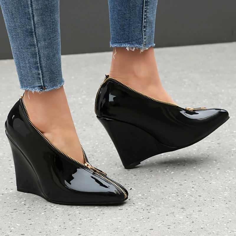 Sexy Women's Wedge High Heels Pumps Shoes Sexy Zipper Black Red White Wedges Heeled Large Size Office Party Wedding Shoes Ladies