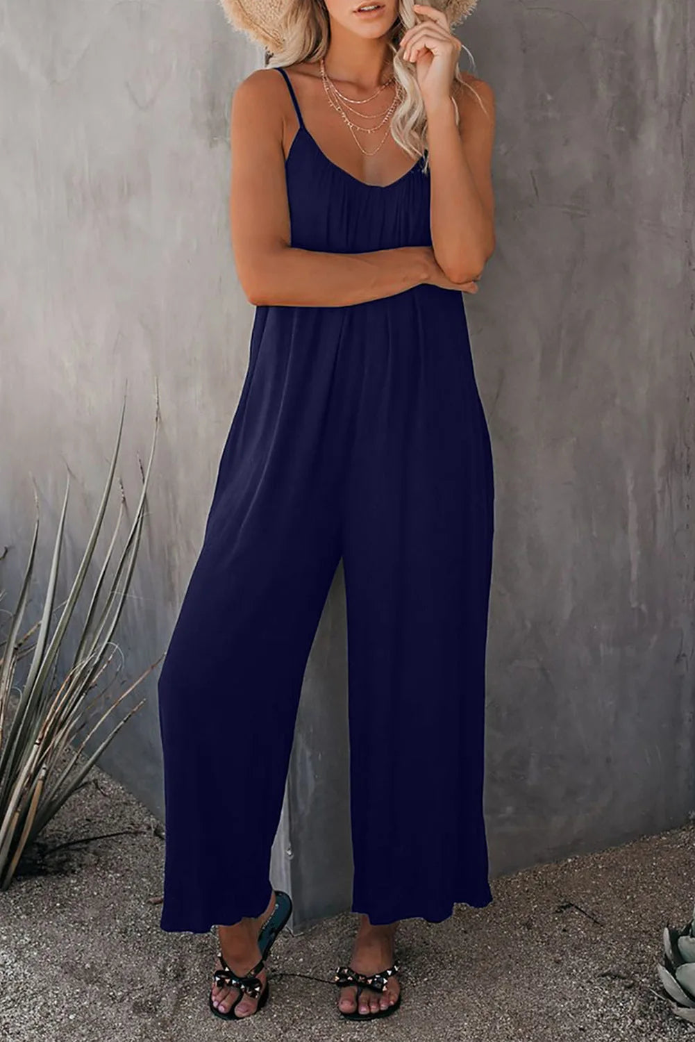 Strap jumpsuit for women's summer new cross-border solid color inserted bag casual jumpsuit