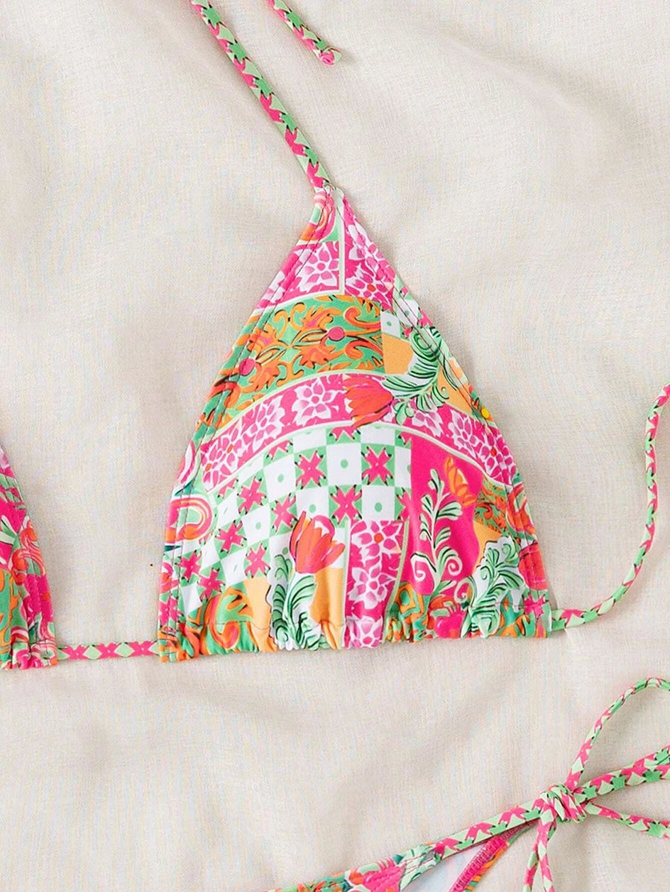 Swimsuit 2026 Female Micro Bikini Women Swimwear Summer Beachwear Women's Bathing Suit Floral Print Neck Halter Thong Bikini Set