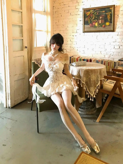 Summer Y2k Off Shoulder Sexy One Piece Dress French Vintage White Lace Slip Dresses Female Chic Design Fairy Outfits 2025 New