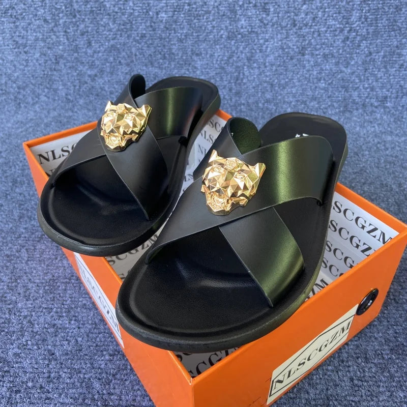 size38-48 original shoes brand summer leather slides for man black brown fashion shoes for mens slippers business beach slippers
