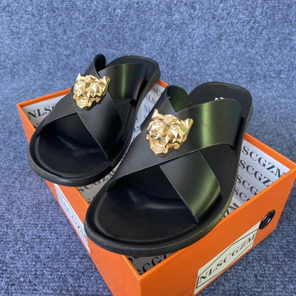 size38-48 original shoes brand summer leather slides for man black brown fashion shoes for mens slippers business beach slippers