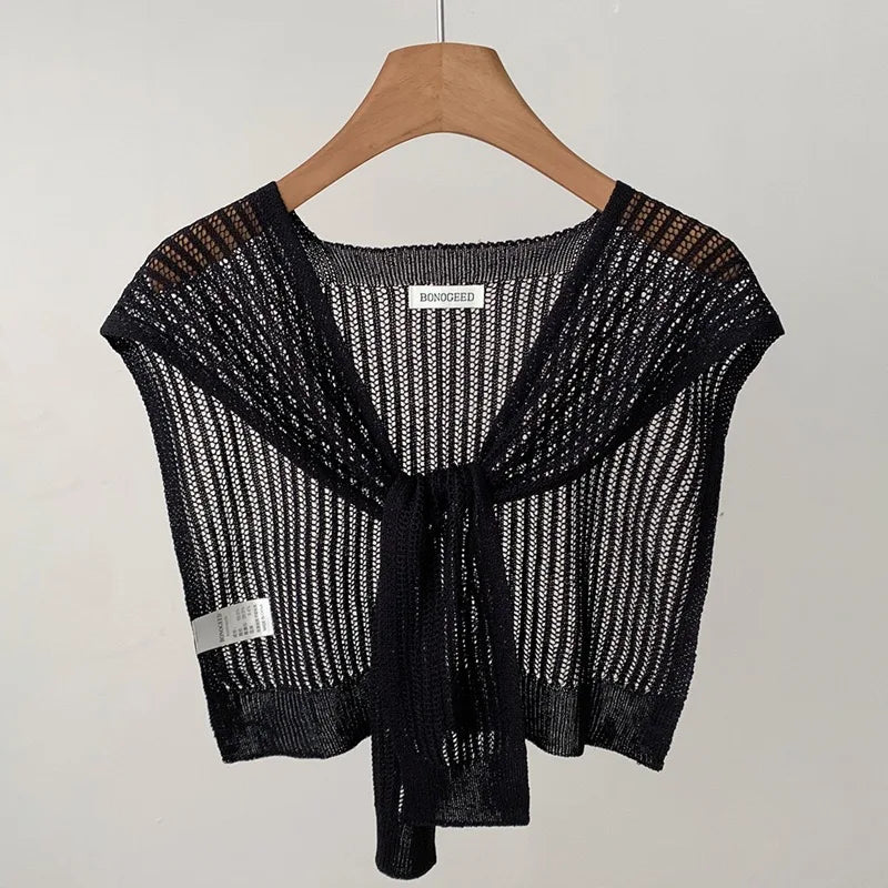 Lace Hollow Linen Knitted Shawl Summer Air Conditioning Fake Collar Neck Guard Knit Thin Knotted Cape Shoulder Scarf For Women