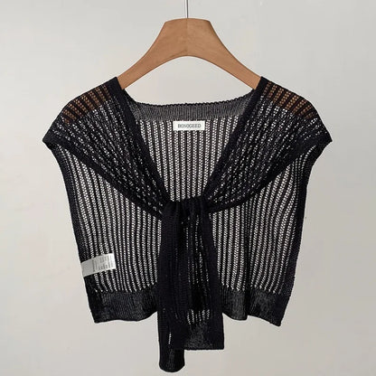 Lace Hollow Linen Knitted Shawl Summer Air Conditioning Fake Collar Neck Guard Knit Thin Knotted Cape Shoulder Scarf For Women
