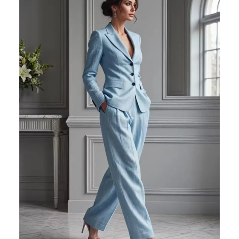 Autumn New Women's Long-sleeved Suit Shirt 2-piece Set Fashion Pocket Suit Collar Slim Temperament Female Office Trousers Suit
