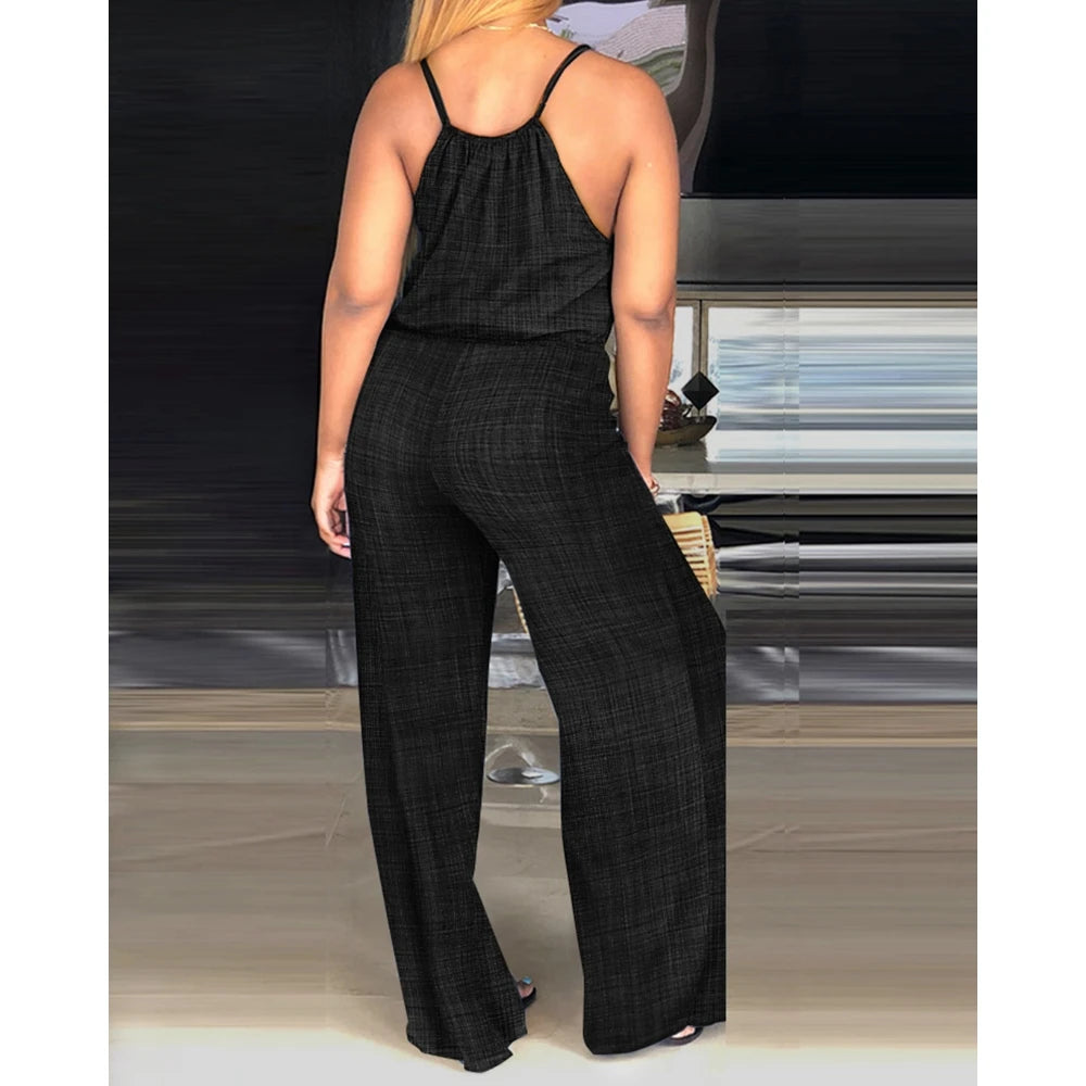 Women's Casual Solid Color Wide Leg Straight Overalls Summer Sleeveless Spaghetti Strap Drawstring Waist Jumpsuits