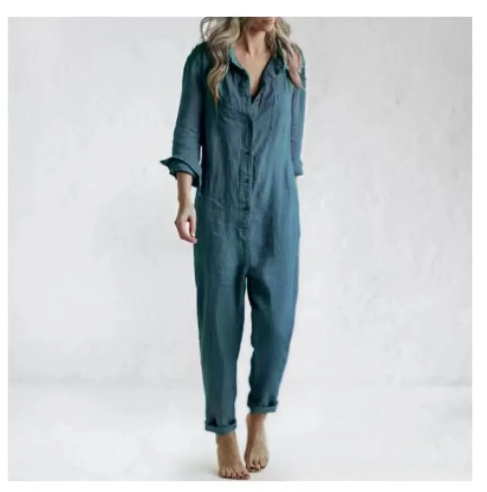 Cotton Jumpsuit Women Sexy Vintage Romper Long Pants Slim Bodycon Jumpsuits Long Sleeve Streetwear Green Y2k Casual Cargo Pants