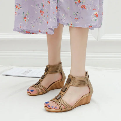 High quality leather flat sandals for women 5cm mid heel with beading summer 2026 36 42 open toe casual vintage shoe black beige