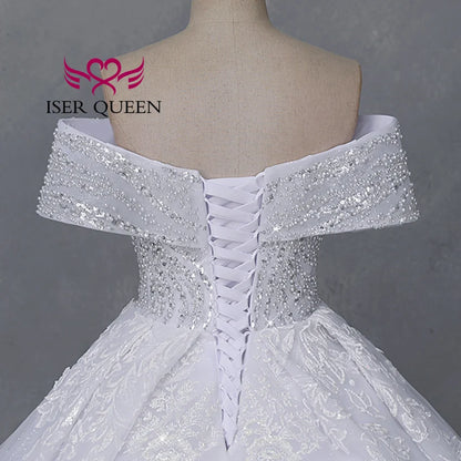 Customized America Fashion Deep V neck Luxury Wedding Dresses 2026 Off Shoulder Heavy Beading Bride Dress Ball Gown WX0465