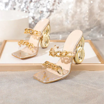 New Style Luxury Fashion Strange Fretwork Heels Slippers PVC Transparent Shoes Women's Slides Fashion Metal Chain Summer Sandals