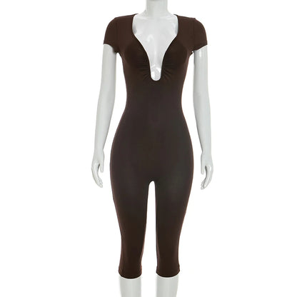 Solid Color Sexy Slim Fit and Slimming Chest U-Neck Jumpsuit, Versatile and Fashionable Jumpsuit Cropped Pants