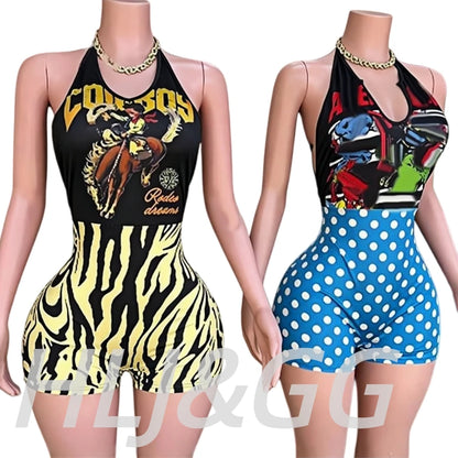 HLJ&GG Sexy Pattern Print Halter Bodycon One Piece Rompers Women Deep V Sleeveless Backless Slim Jumpsuits Fashion Trend Overall