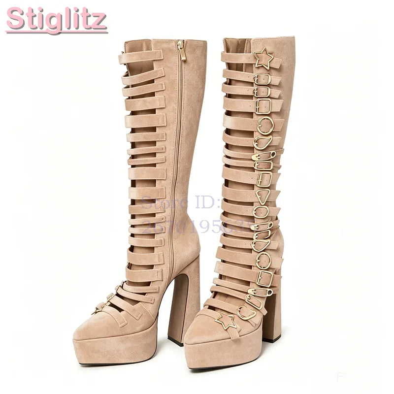 Blue Velvet Irregular Buckle Knee-high Boots Pointed  Toe Side Zipper Chunky High Heels Boots 2026 Summer New Women Punk Shoes