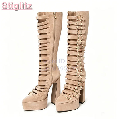 Blue Velvet Irregular Buckle Knee-high Boots Pointed  Toe Side Zipper Chunky High Heels Boots 2026 Summer New Women Punk Shoes