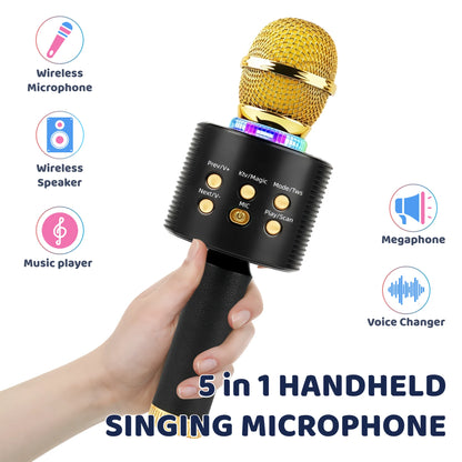Wireless Karaoke Microphone Bluetooth Speaker LED Light Portable Singing Mic with Voice Changer for Kids Adults Party Outdoor Birthday Gift Car Travel Home KTV Rechargeable Handheld Karaoke Machine Christmas Present Fun Toy C