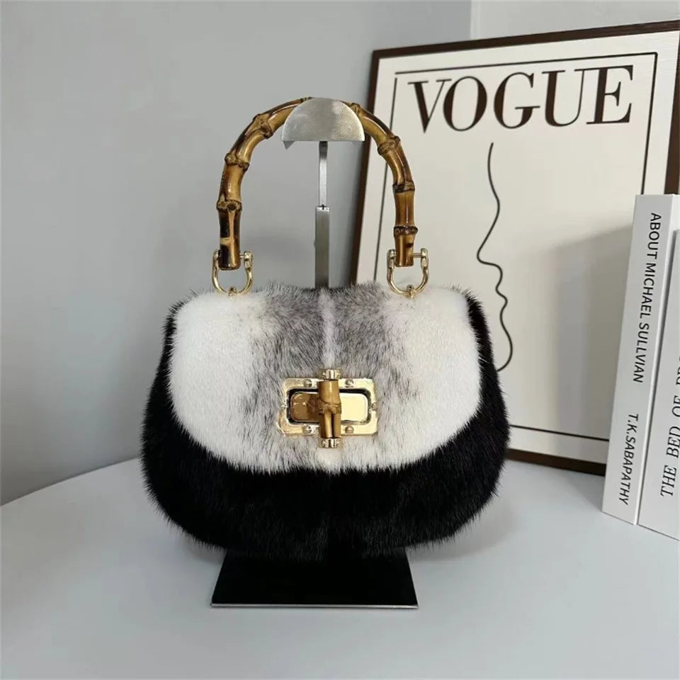 Fur Women's Mink Fur Bag Luxury Warm Plush Wrist Bags  Women Fashion Furry Short Handle Clutch Cute Ladies Fur Bags For Women