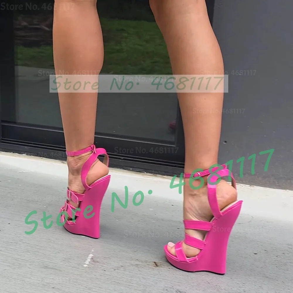 Sexy Hot Pink 18cm Wedges Sandals Women Trendy Low Platform Multi Buckle Straps Shoes Cool Strange Heel Patent Leather Sandals