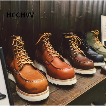 Men's Goodyear-Welted Vintage Genuine Leather Mid-calf Motorcycle Boots Round toe Casual Punk Dress Boots Work Shoes Western Red