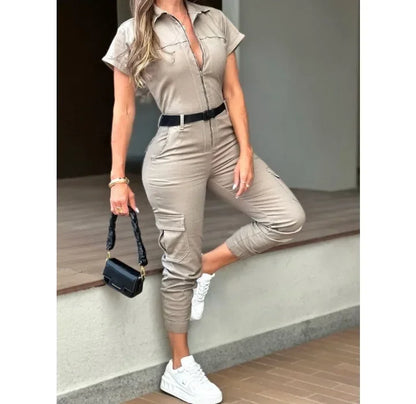 Fashion Women's Jumpsuit New Sexy Zipper Workwear Short Sleeved Lapel Multi Pocket Waistband Bodysuit Pants Female 2024 Summer