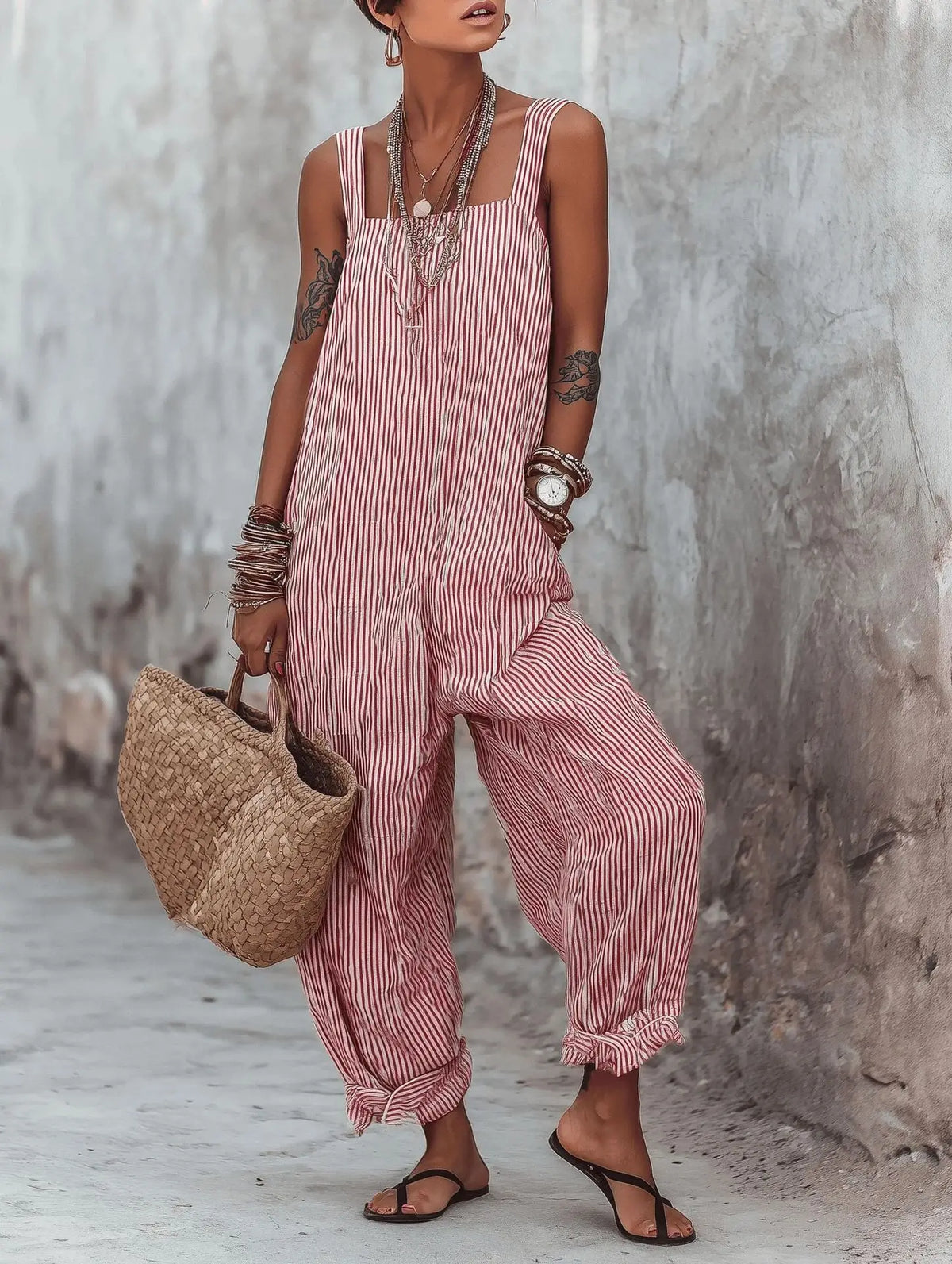 Women Print Striped Jumpsuits Sleeveless Square Neck Spliced Pocket Wide Leg Pants Casual One Piece Rompers Tank Summer 2026