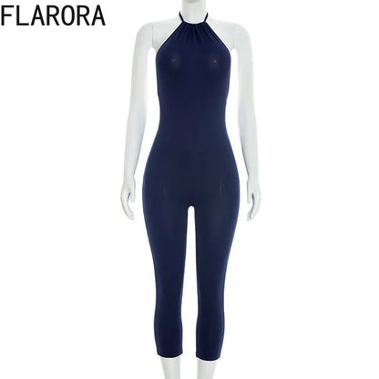 FLARORA Sexy Halter Backless Skinny Jumpsuits Woman Solid Color Slim Fit Capri Jumpsuit Hottie Midnight Street Clubwear Overalls