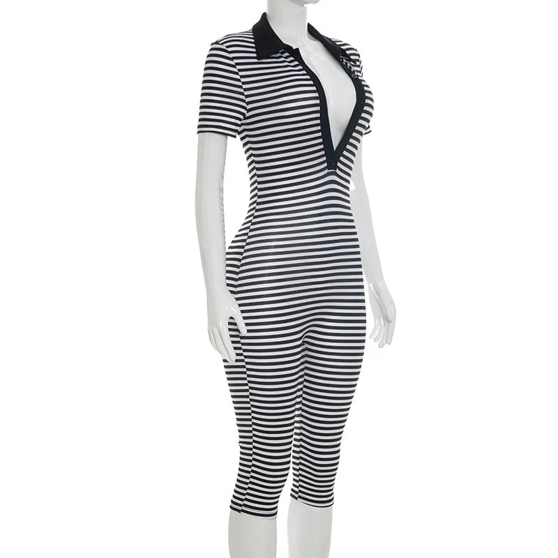Striped Print Jumpsuits Women Short Sleeve Y2K Clothes Casual Summer Buttons V Neck Bodycon Rompers Overalls Beach Vacation Gift