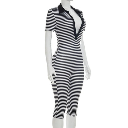 Striped Print Jumpsuits Women Short Sleeve Y2K Clothes Casual Summer Buttons V Neck Bodycon Rompers Overalls Beach Vacation Gift