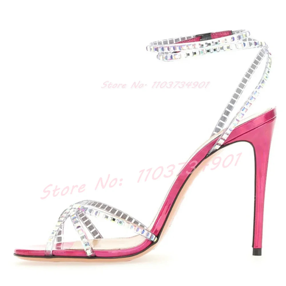 Shiny Leather Crystals Stiletto Sandals Women Ankle Strap Round Toe High Heels Shoes Ladies Luxury Elegant Sexy Party Sandals