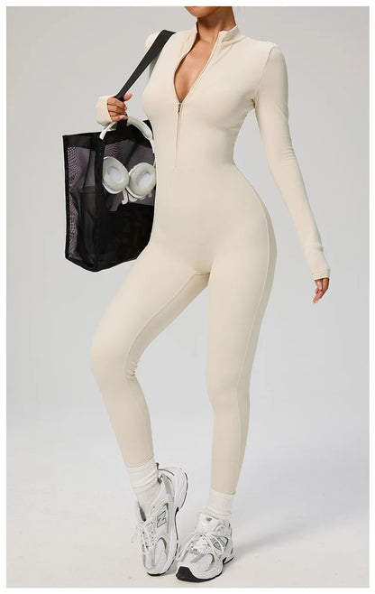 TRY TO BN Women's Jumpsuit Long Sleeve Zipper Shapewear Bodysuit Yoga Fitness One Piece Tights Gym Clothing Mono Deportivo Mujer